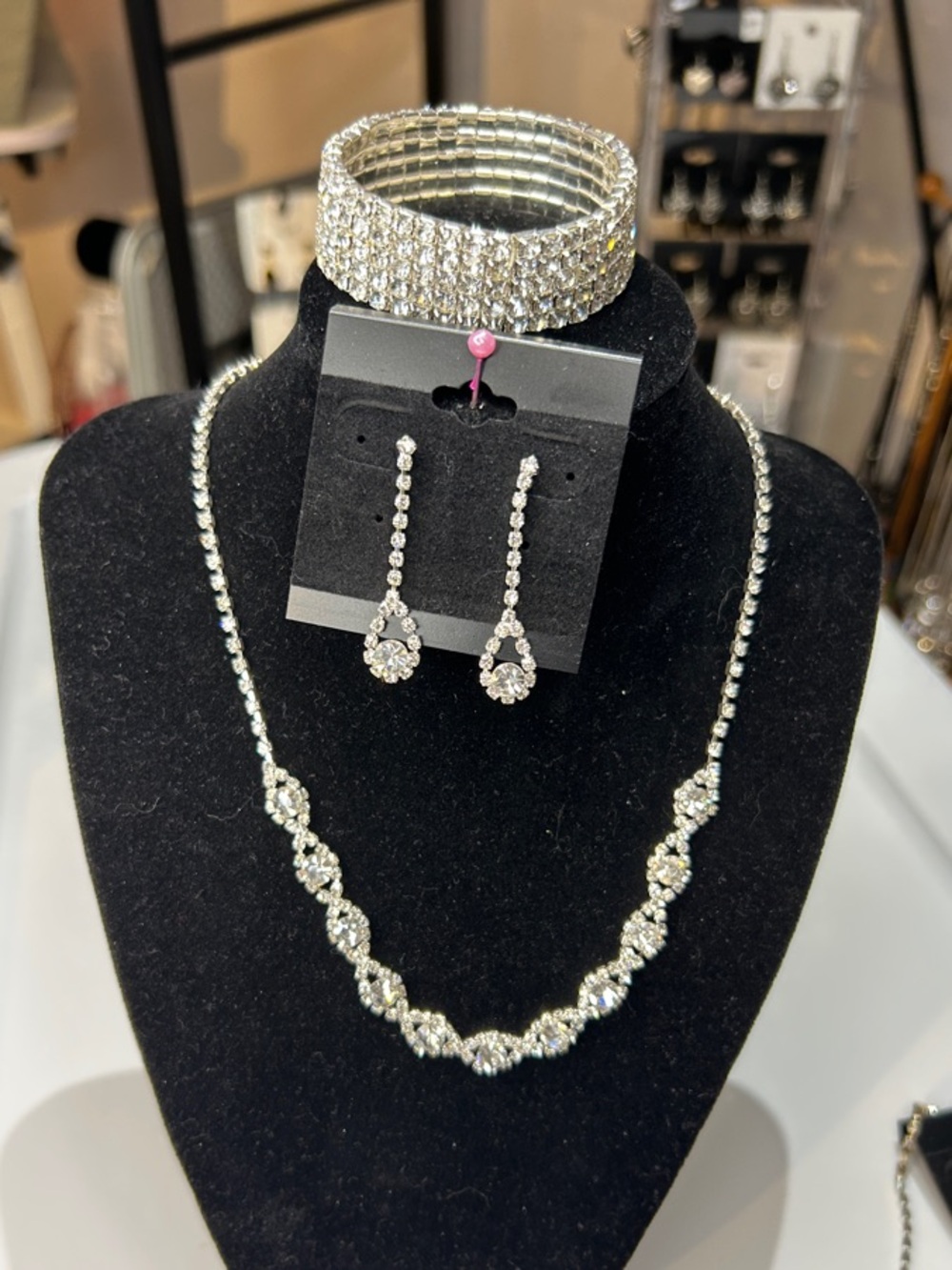 Silver Crystal Necklace, Earrings & Bracelet Set